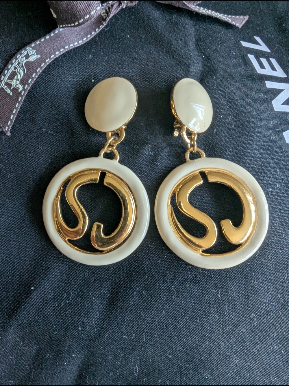 St. John Gold and Cream Circular Drop Earrings
